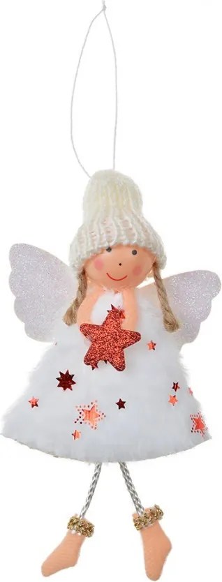 Biela látková závesná dekorácia anjel s hviezdičkou - 8*3*15 cm