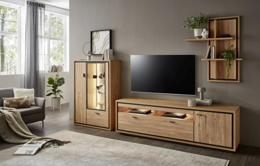 Skrinka s presklením Flores, dub gustavson/antracit