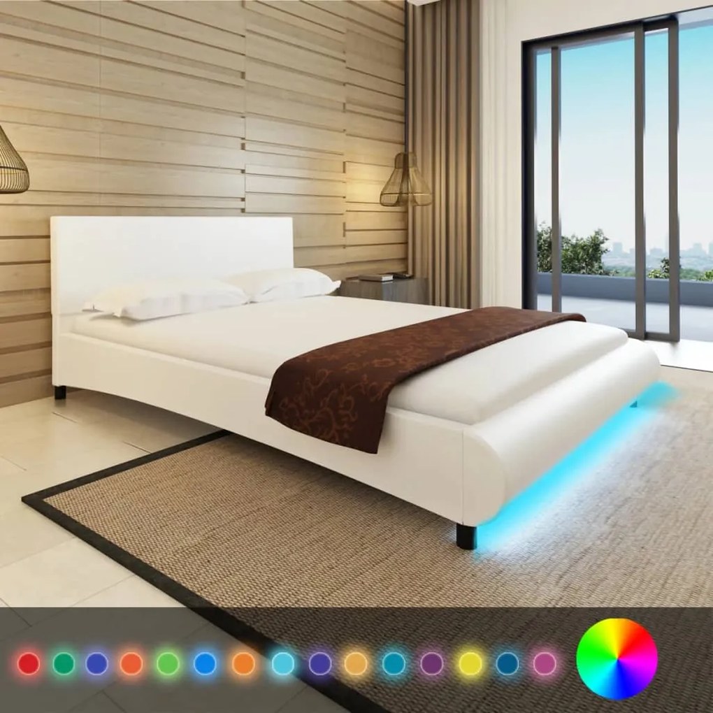 vidaXL Biely posteľový rám z umelej kože s LED pásom 140 x 200 cm