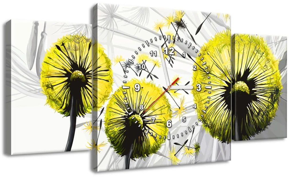 Gario Obraz s hodinami Krásne žlté púpavy - 3 dielny Rozmery: 30 x 90 cm