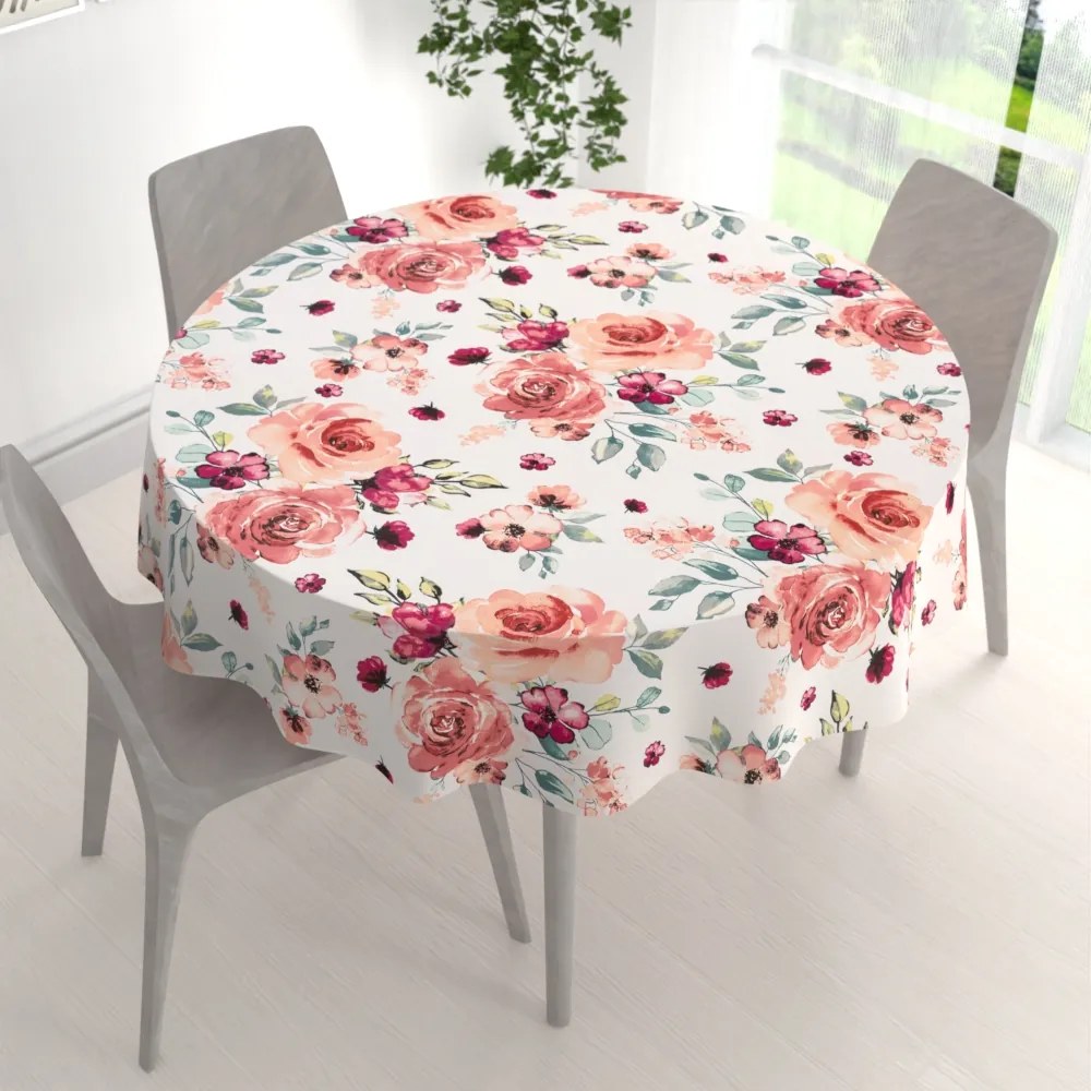 Biante Bavlnený okrúhly obrus Sandra SA-669 Červeno-ružové akvarelové kvety Ø 40 cm