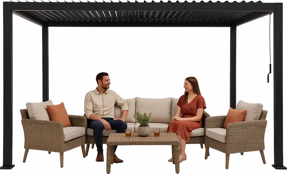 JU Pergola s lamelami 3 x 4 m, hliníková, s plochou strechou, 2-dielna, čierna