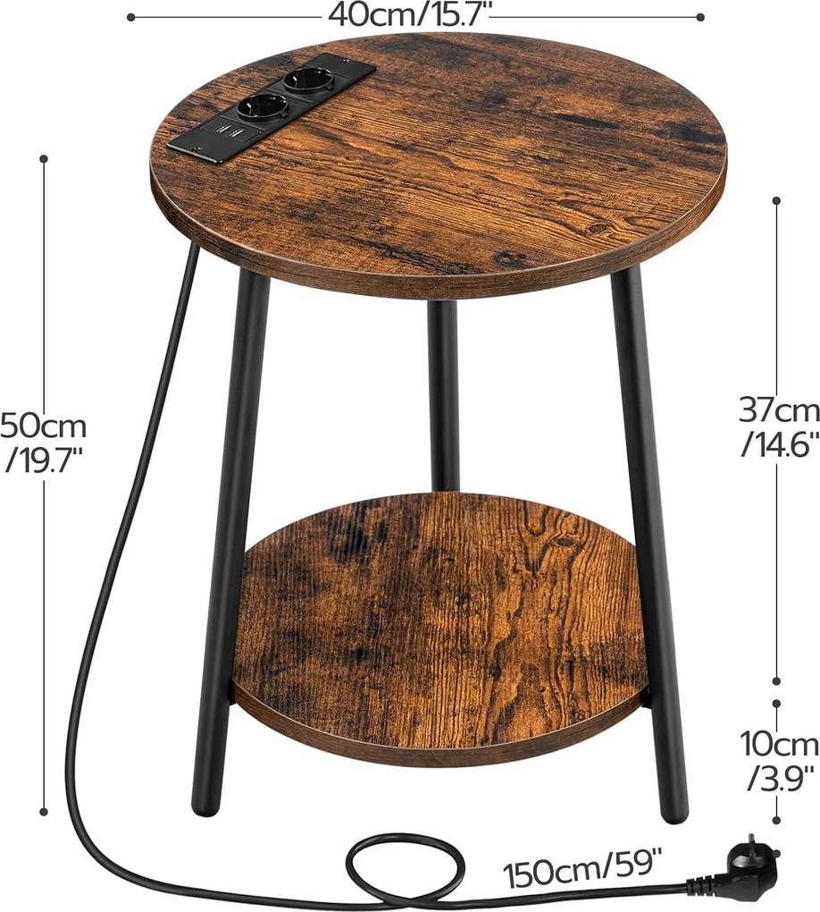 Kulatý odkládací stolek Vasagle Leky 40 cm s nabíjecí stanicí hnědý/černý