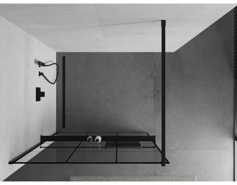Mexen Kioto+, sprchová zástena s poličkou a držiakom na uteráky 110 x 200 cm, 8mm sklo číre sklo vzor čierny, čierny profil, 800-110-121-70-77