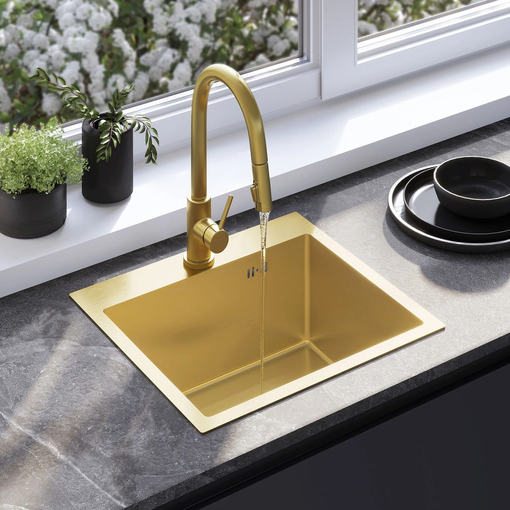 Rea Leo, 1-komorový oceľový drez 500x450x185 mm, zlatá matná, ZLE-06004