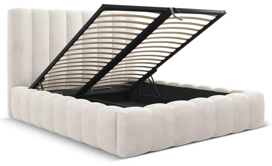 Krémová čalúnená dvojlôžková posteľ s úložným priestorom a roštom 200x200 cm Kelp – Micadoni Home