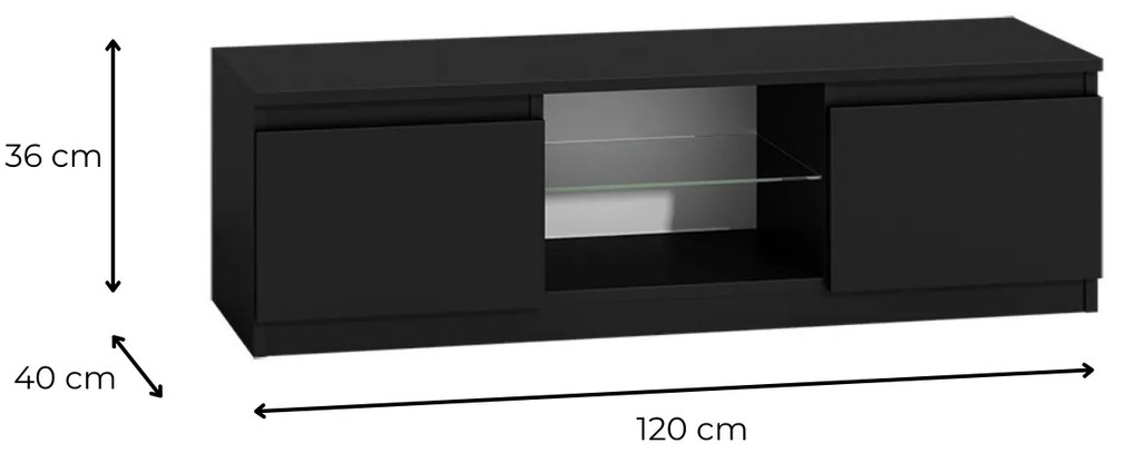 Televízny stolík DELUKO so sklenenou policou 120 cm čierny lesk