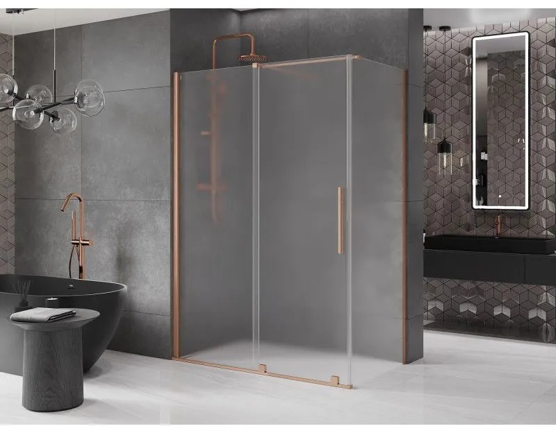 Mexen Velar, sprchový kút s posuvnými dverami 140 x 85 cm, 8mm sklo námraza, medená matná, 871-140-085-31-65