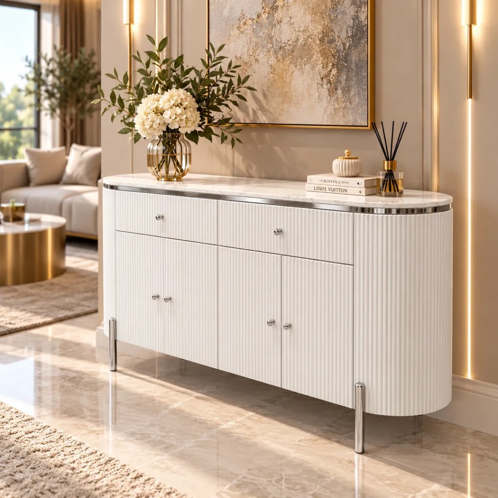 KOMODA GASTON II STRIEBORNÉ NOHY + BIELA + MRAMOR 150 cm