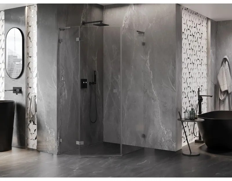 Mexen Lunar, L päťuholníkový sprchový kút naklápací doľava 90 x 100 cm, 8mm číre sklo, grafitový profil, 831L-090L-100P-95-00-L