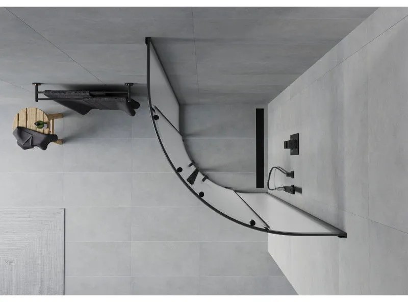 Mexen Rio, štvrťkruhový sprchovací kút s posuvnými dverami 90(dvere) x 90(dvere) x 190 cm, 6mm sklo námraza, čierny profil, 863-090-090-70-30