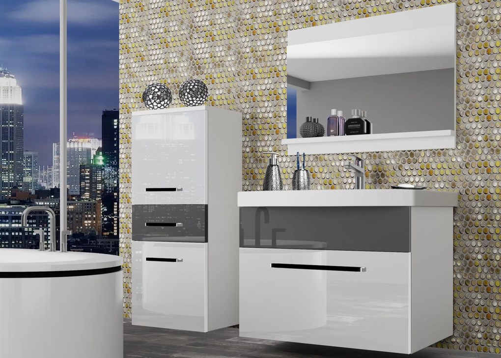 Kúpeľňový nábytok Belini biely lesk / šedý lesk + umývadlo + zrkadlo ROD P 2/0/W/WS/0/ZW