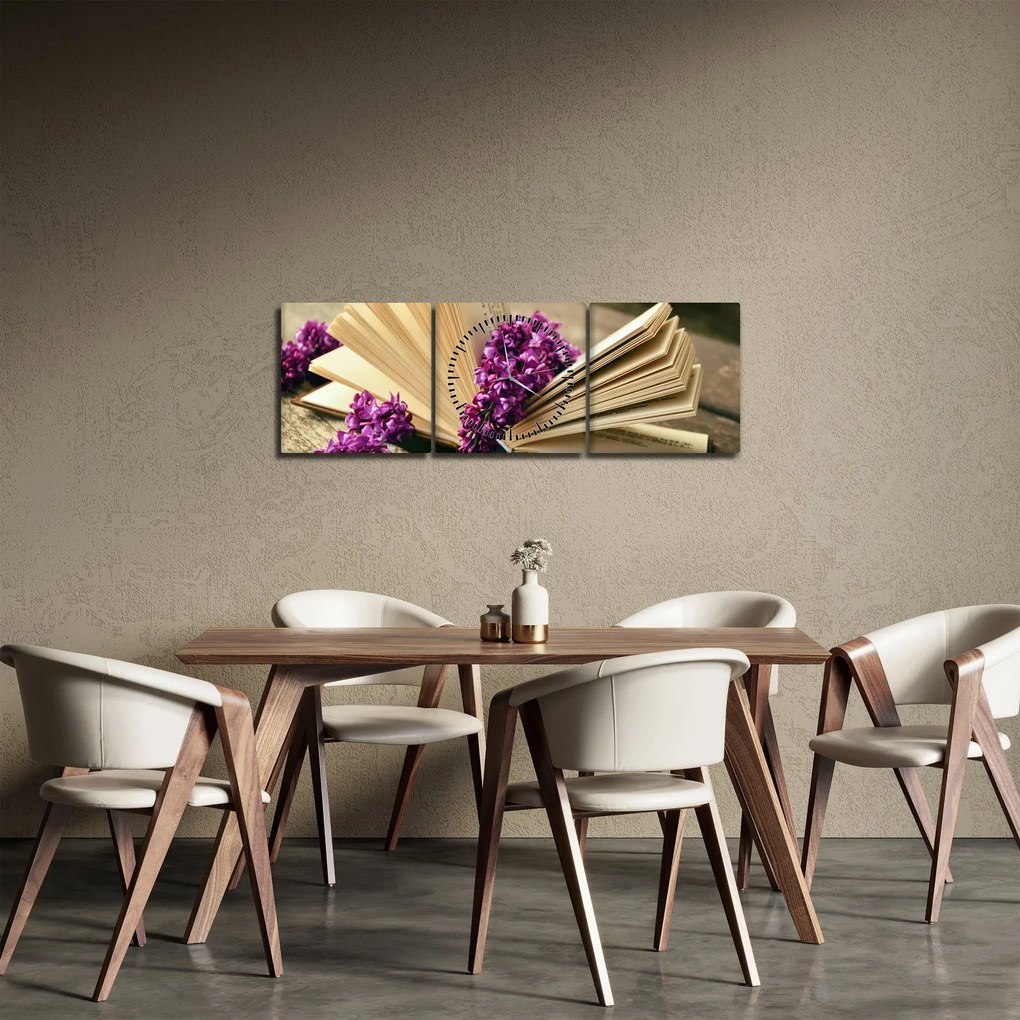 Obraz knihy s levanduľou (s hodinami) (90x30 cm)