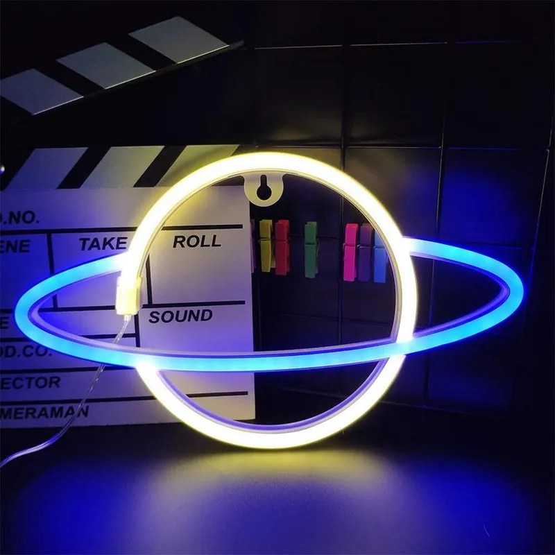 ACA Lighting Neónová lampička - Saturn, 3x AA batérie/USB kábel, IP20, modrá + žltá farba