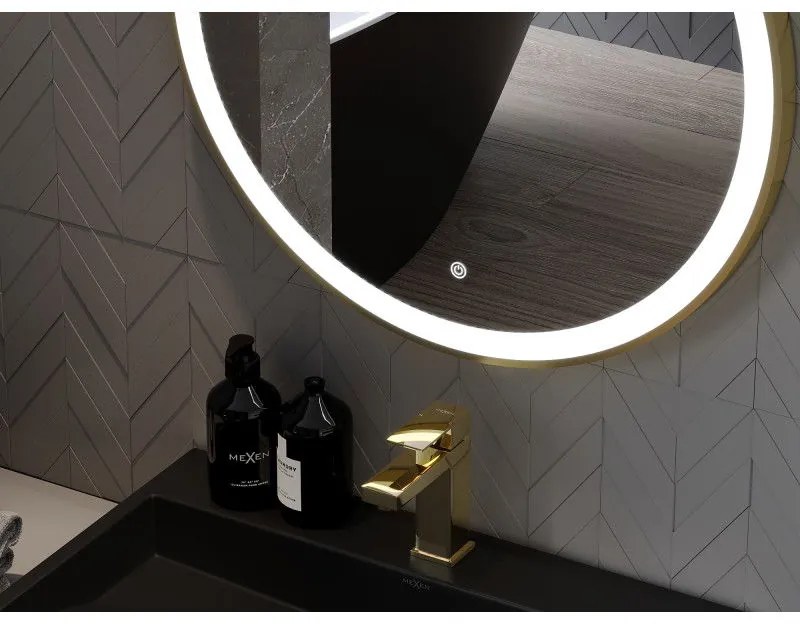 Mexen Esso, okrúhle LED podsvietené kúpeľňové zrkadlo 80 cm, 6000K, vykurovacia podložka proti zahmlievaniu, zlatý rám, 9825-080-080-611-50