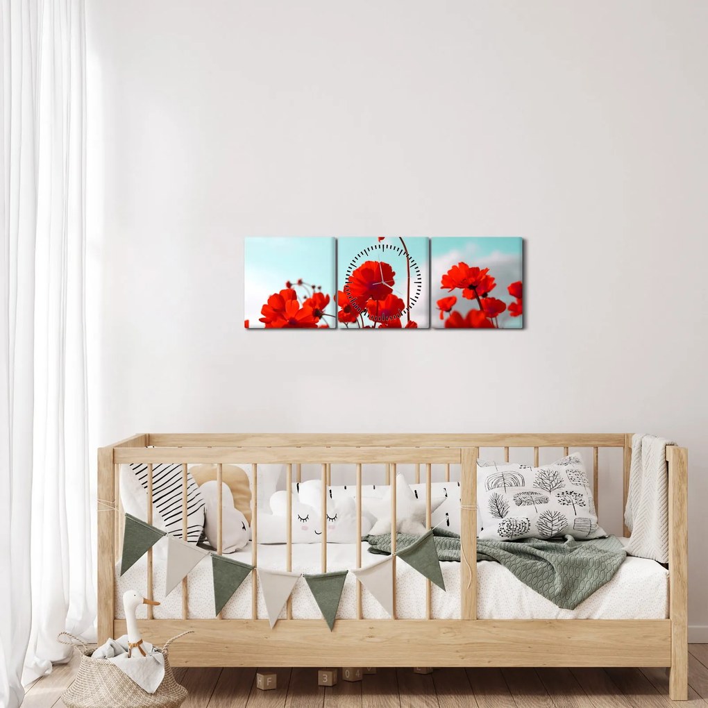 Obraz poľa s jasne červenými kvetmi (s hodinami) (90x30 cm)