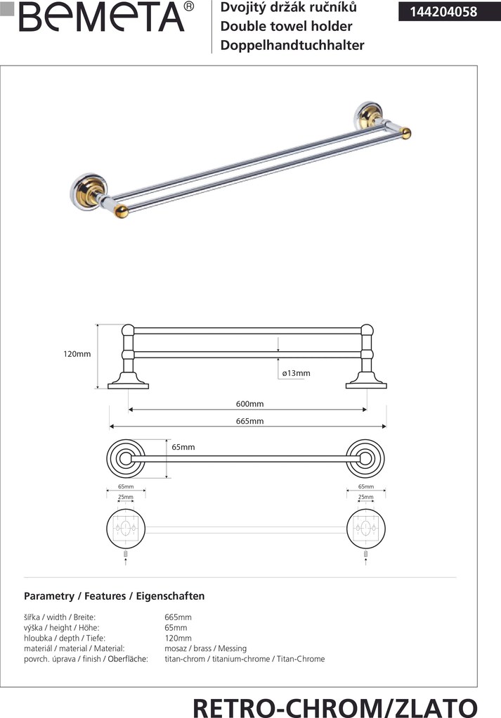 Bemeta Design RETRO gold-chrom: Držiak uterákov, 600 mm, dvojitý - 144204058
