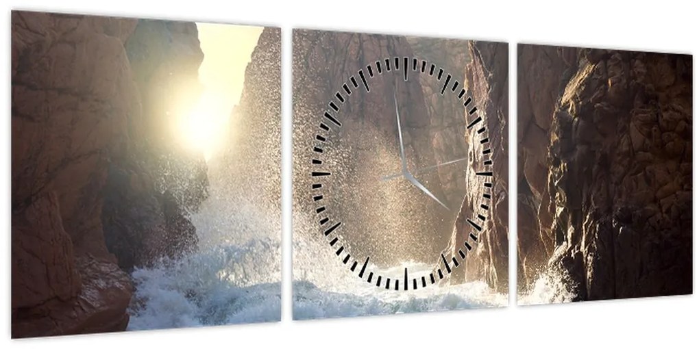 Obraz - Skaly a vlny oceánu (s hodinami) (90x30 cm)