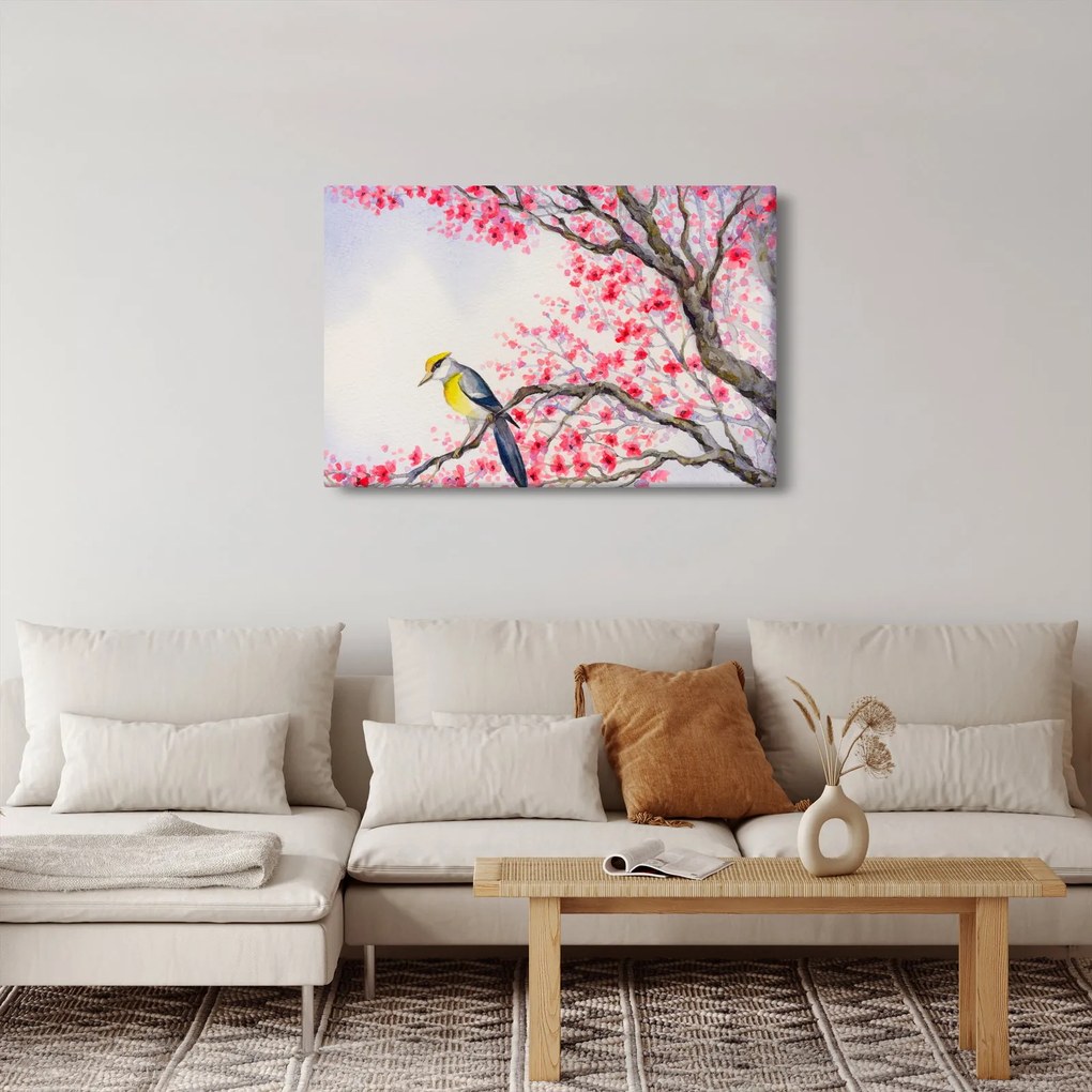 Obraz - Vtáčik na strome s červenými kvetmi (90x60 cm)