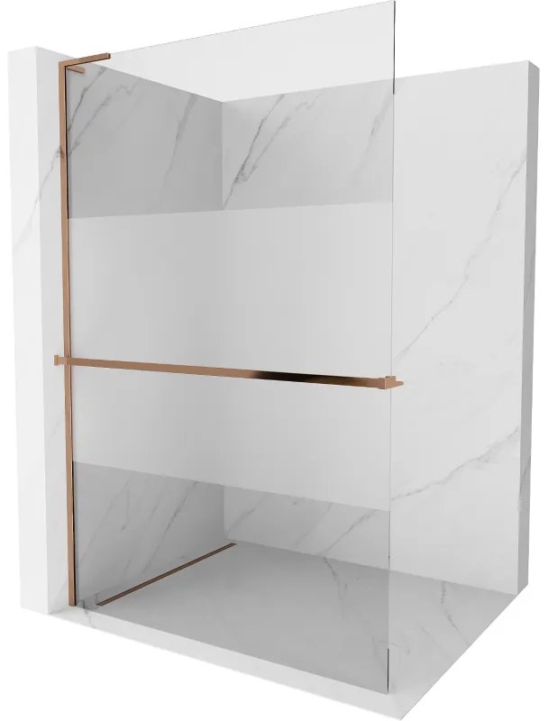 Mexen Kioto+ L, sprchová zástena Walk-In s poličkou a vešiakom 70 x 200 cm, 8mm číre sklo-námraza, ružové zlato profil, 800-070-123-60-35