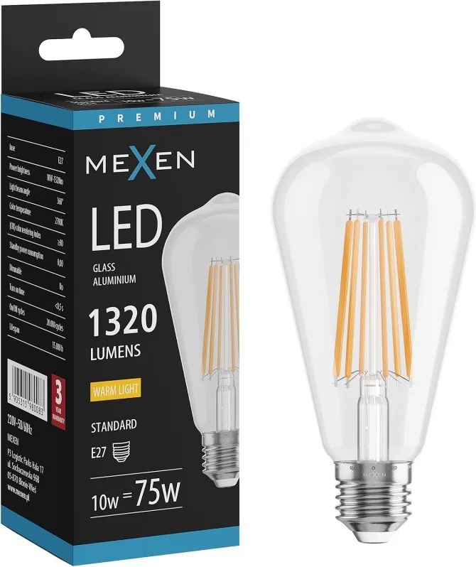 Mexen Vintis, LED filamentová žiarovka E27, ST64, 10 W, teplá biela 2700K, číra, L152-E27-1027-00