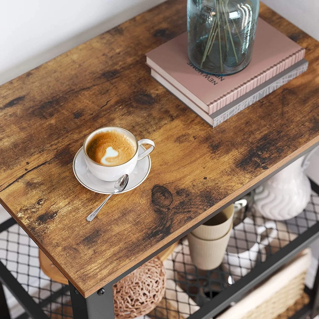 Servírovací vozík, kuchynská polica so 4 kolieskami, rustikálna hnedá