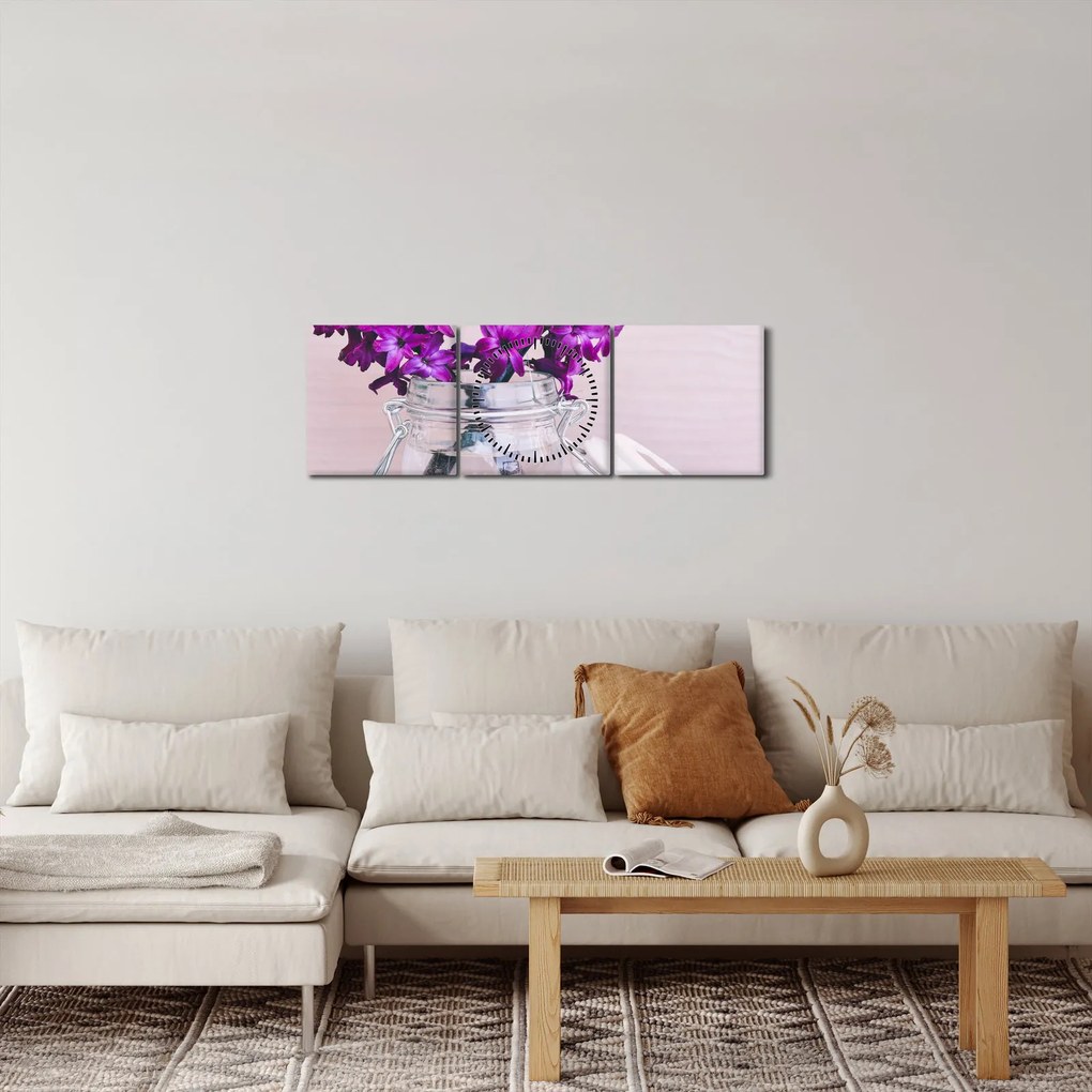 Obraz fialových kvetín (s hodinami) (90x30 cm)