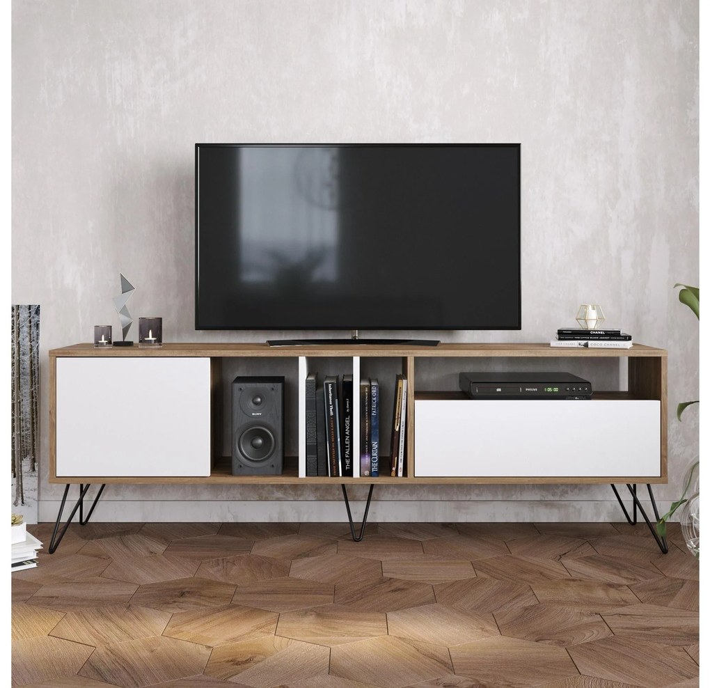 TV stolík/skrinka Mistique 180 (orech + čierna + biela) . Akcia -19%. Vlastná spoľahlivá doprava až k Vám domov. 1102366