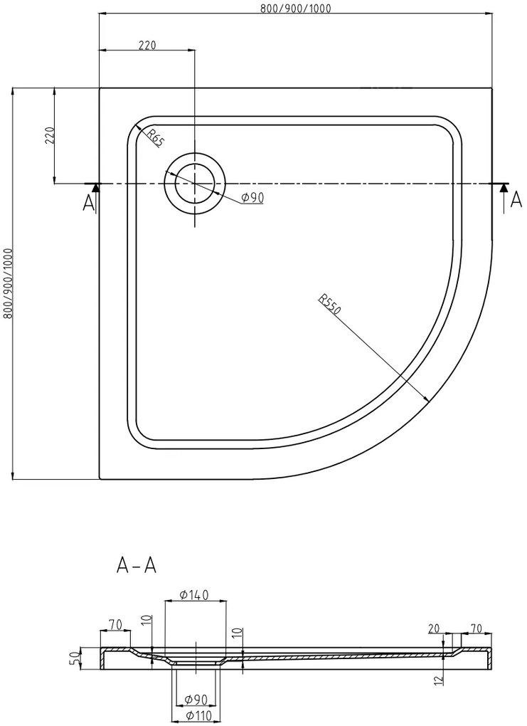 Mexen SLIM - Štvrťkruhová sprchová vanička 90x90x5cm + zlatý sifón, biela, 41109090G