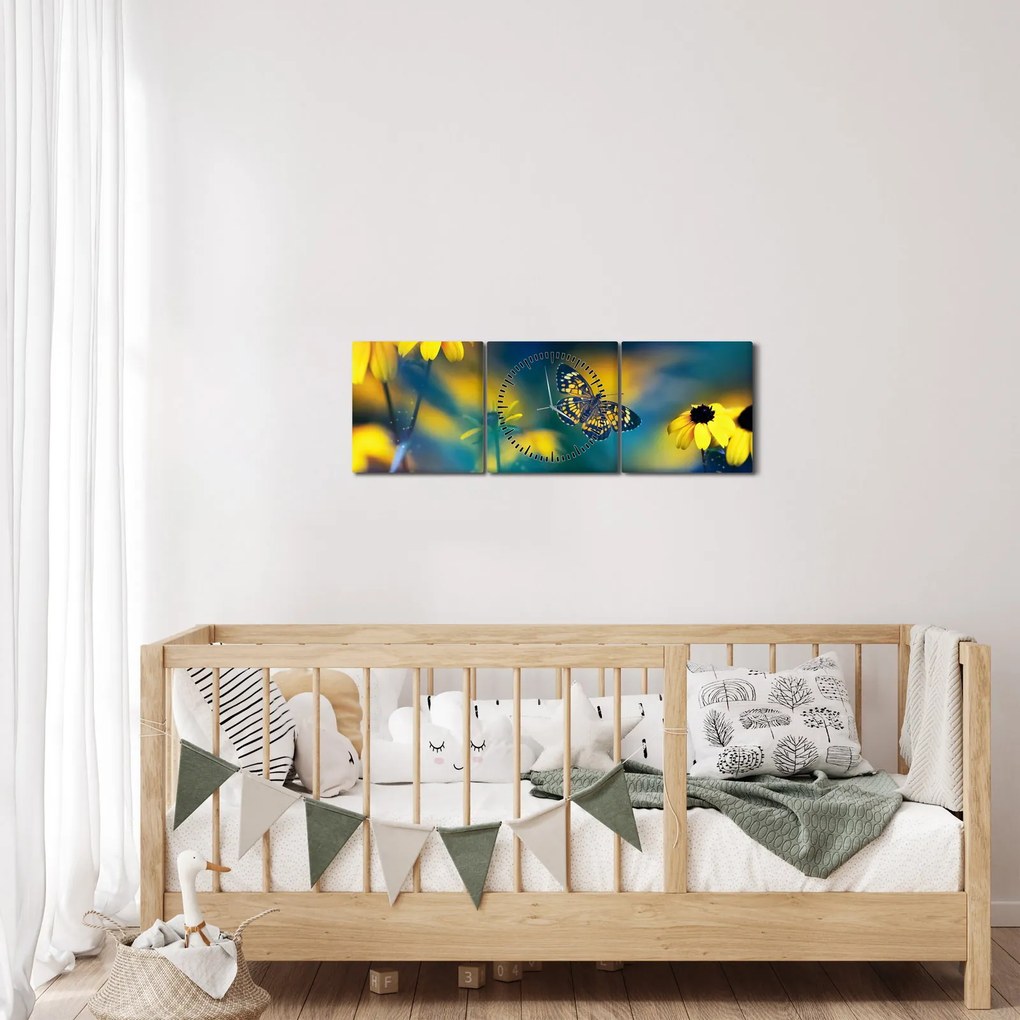 Obraz - Žltý motýľ s kvetmi (s hodinami) (90x30 cm)
