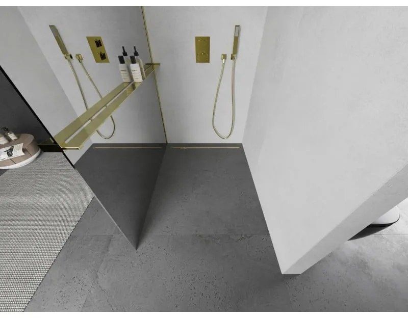 Mexen Kioto+ L, sprchová zástena Walk-In s poličkou a vešiakom 100 x 200 cm, 8mm sklo vzor zrkadlo, zlatý lesklý profil,800-100-123-50-50