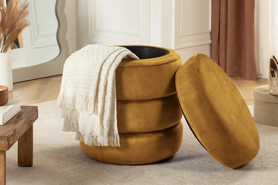 Moderný taburet Fashion s úložným priestorom horčicový zamat 40cm