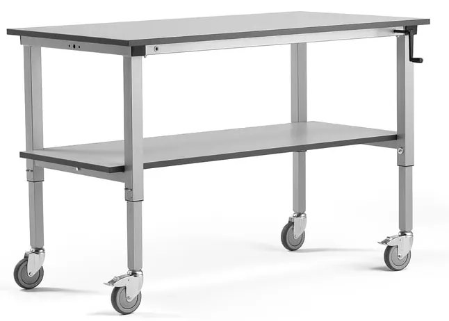 Mobilný dielenský stôl MOTION, manuálne nastaviteľný, so spodnou policou, 1500x800 mm, šedý