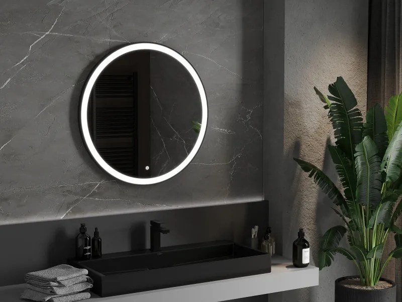 Mexen Esso kúpeľňové zrkadlo s podsvietením, okrúhle 80 cm, LED 6000K, anti-pára, čierny rám - 9825-080-080-611-70