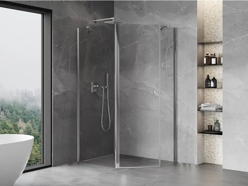 Mexen Mist, päťuholníkový sprchový kút výklopný 90 x 80 cm, číre sklo, chrómový profil, 8A8-090-080-01-00