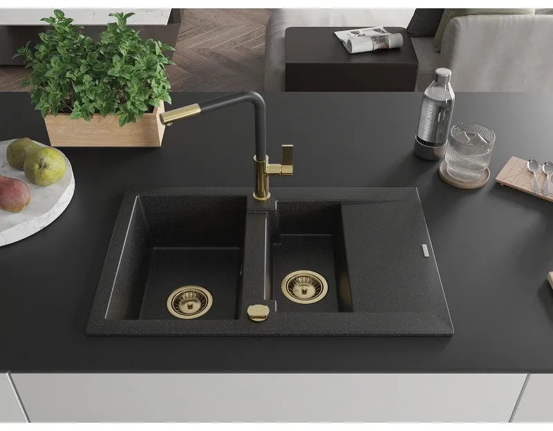 Mexen Gaspar, 1,5-komorový granitový drez 737x475x177 mm a drezová batéria Flora, čierna-strieborná metalíza, 6507-73-670401-57-G