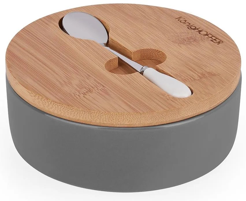 Keramická cukornička s bambusovým vekom 14,5x5 cm šedá + lyžička