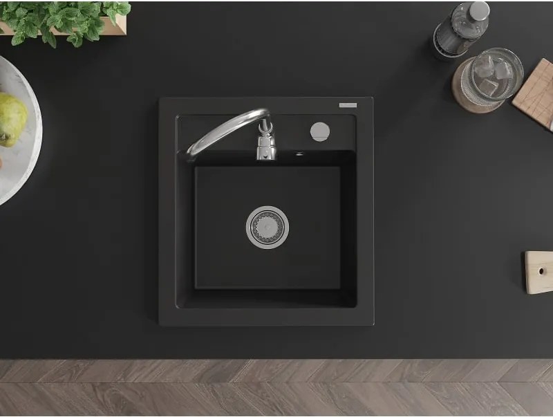 Mexen Vito Granitový kuchynský drez 1-komorový 520 x 490 mm, čierny, sifón chróm - 6503521000-77