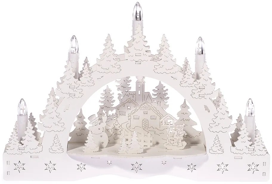 Vianočný LED svietnik Zimná krajina, kostol a kŕmidlo, 35 x 23 x 7,5 cm