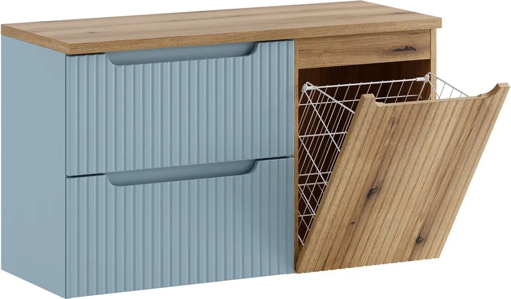 Závěsná skříňka pod umyvadlo Nova Denim s deskou a košem na prádlo 100 cm modrá/dub coast eovke