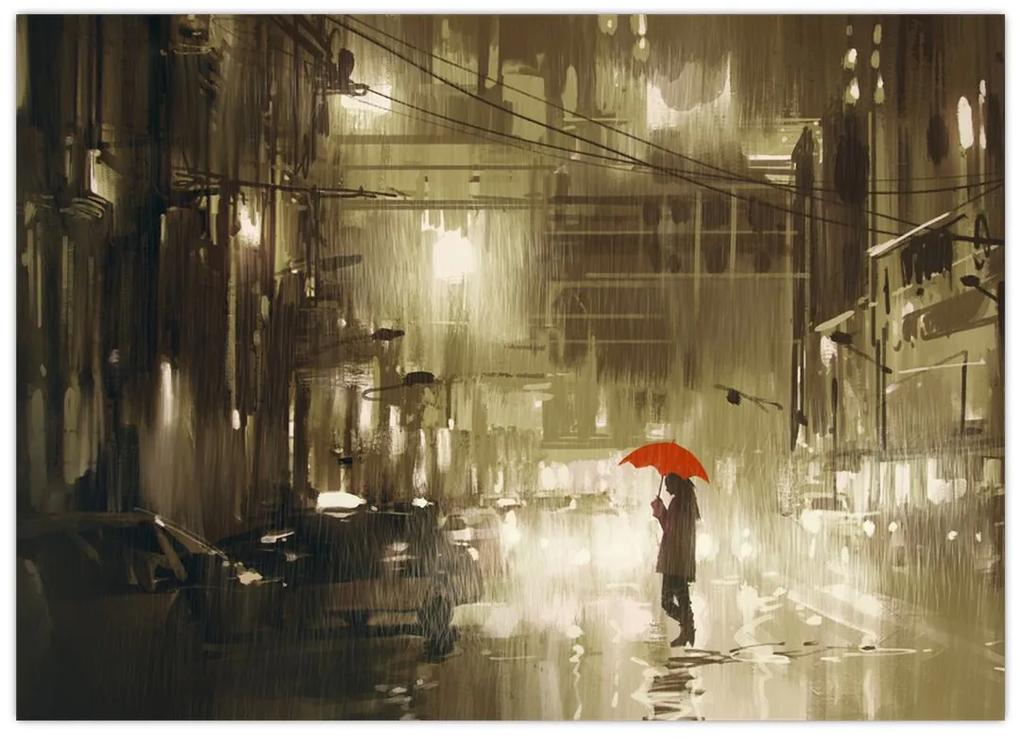 Sklenený obraz - Žena za daždivej noci (70x50 cm)