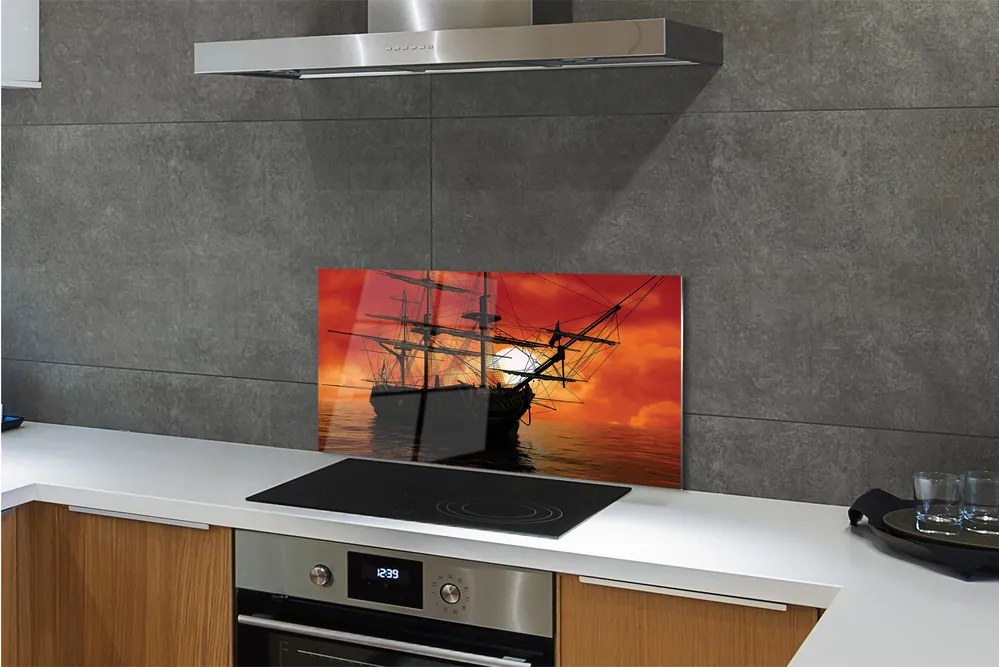 Sklenený obklad do kuchyne Loď more neba mraky slnko 140x70 cm