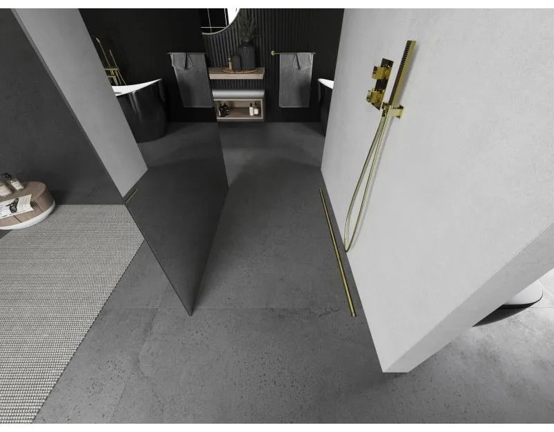 Mexen Kioto, sprchová zástena Walk-In 110 x 200 cm, 8mm sklo vzor zrkadlo, zlatý matný profil, 800-110-002-55-50