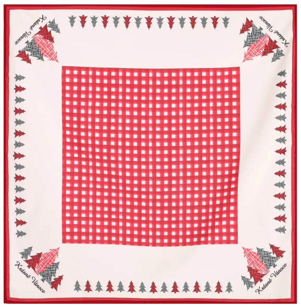 Obrus s vianočným motívom - stromčeky a červený stred, 80x80 cm, 100% polyester., 80 x 80 cm