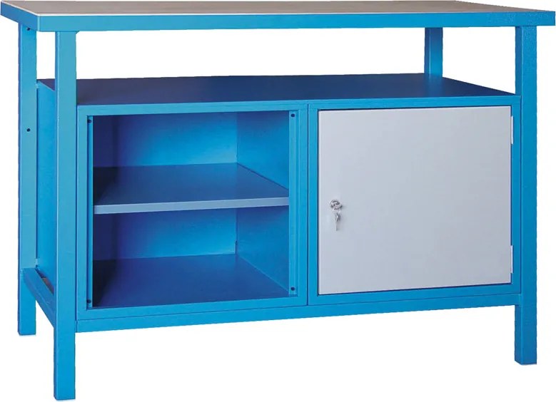 Dielenský pracovný stôl GD, smrek + buková preglejka, 1 skrinka, 1 polica, 1190 x 600 x 850 mm, sivá