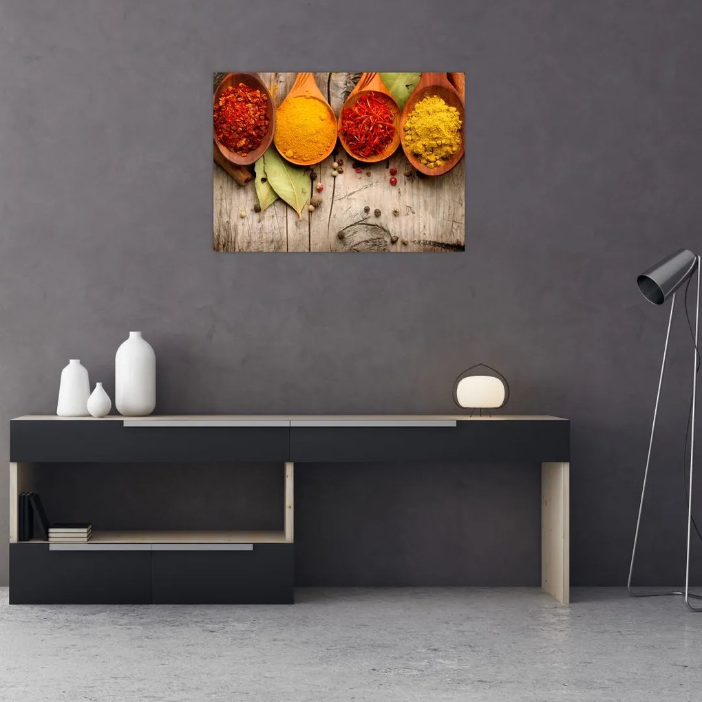 Sklenený obraz - Korenie na dreve (70x50 cm)