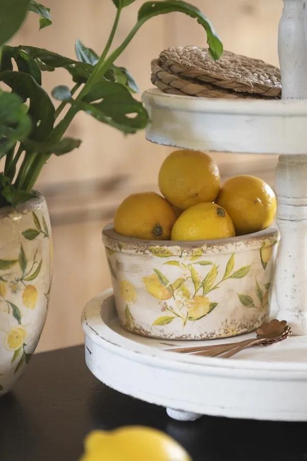 Béžový keramický obal na kvetináč s citrónmi Lemonio M - Ø16*9 cm