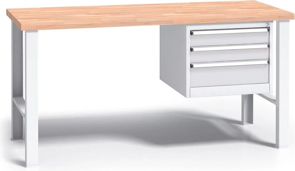 Pracovný stôl do dielne G3 so závesným boxom na náradie, buková škárovka, 3 zásuvky, pevné kovové nohy, 1500 mm, sivá