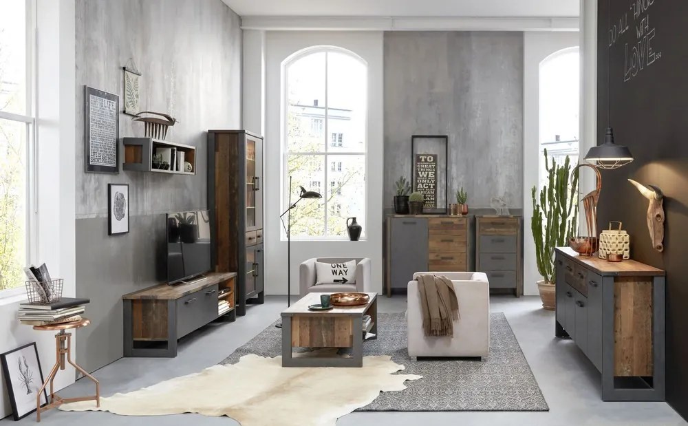 Vysoká vitrína Prime, vintage optika dreva