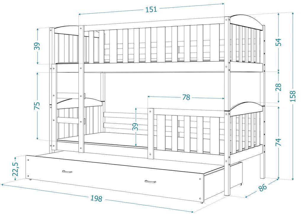 GL Jakub 3 Color biela poschodová posteľ s prístelkou Farba: Sivá, Rozmer: 190x80